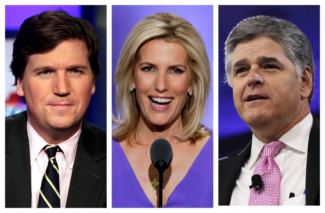 FILE - This combination of photo shows, from left, Tucker Carlson, host of "Tucker Carlson Tonight," Laura Ingraham, host of "The Ingraham Angle," and Sean Hannity, host of "Hannity" on Fox News. Brian Stelter, who wrote Hoax: Donald Trump, Fox News, and the Dangerous Distortion of Truth, says several people at Fox privately expressed worry to him about the growing power of prime-time opinion hosts Carlson, Hannity and Ingraham at the expense of Fox's news operation. (AP Photo) FILE - This combination of photo shows, from left, Tucker Carlson, host of "Tucker Carlson Tonight," Laura Ingraham, host of "The Ingraham Angle," and Sean Hannity, host of "Hannity" on Fox News. Brian Stelter, who wrote Hoax: Donald Trump, Fox News, and the Dangerous Distortion of Truth, says several people at Fox privately expressed worry to him about the growing power of prime-time opinion hosts Carlson, Hannity and Ingraham at the expense of Fox's news operation. (AP Photo)