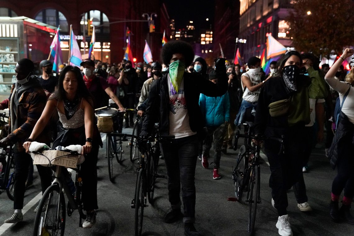 Demonstrators chant as they walk through Soho during a "We Choose Freedom" march, Thursday, Nov. 5, 2020, in New York. (AP Photo/Seth Wenig) Demonstrators chant as they walk through Soho during a "We Choose Freedom" march, Thursday, Nov. 5, 2020, in New York. (AP Photo/Seth Wenig)