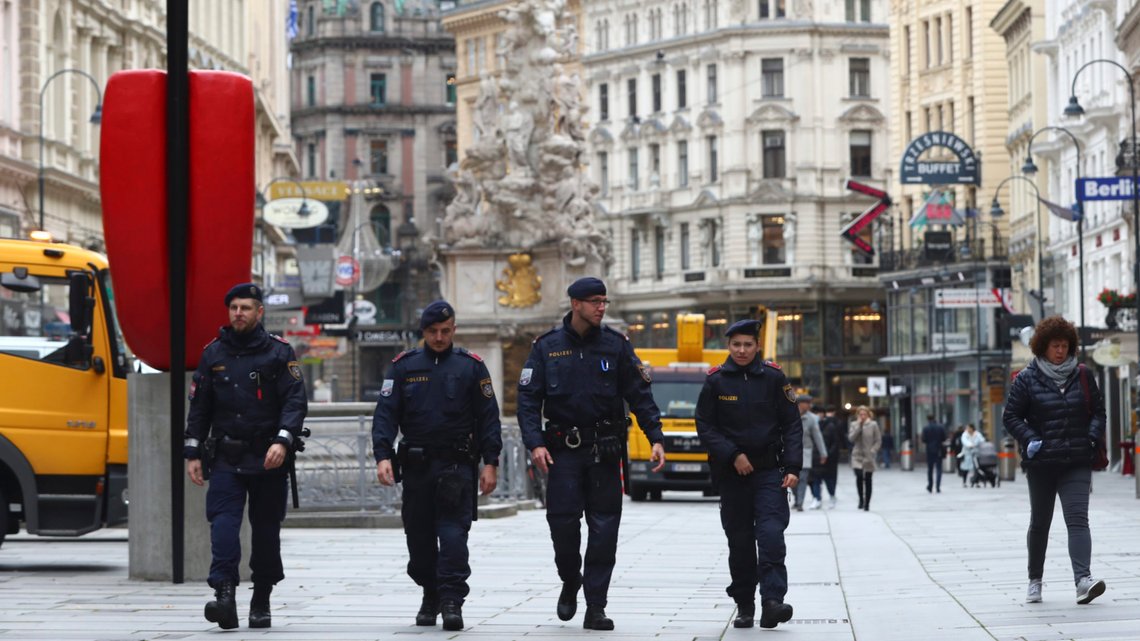 Police officers patrol through the city in Vienna, Austria, Wednesday, Nov. 4, 2020. Several shots were fired shortly after 8 p.m. local time on Monday, Nov. 2, in a lively street in the city center of Vienna. (AP Photo/Matthias Schrader) Police officers patrol through the city in Vienna, Austria, Wednesday, Nov. 4, 2020. Several shots were fired shortly after 8 p.m. local time on Monday, Nov. 2, in a lively street in the city center of Vienna. (AP Photo/Matthias Schrader)