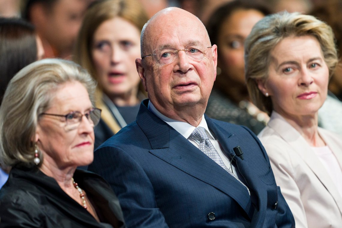 Klaus Schwab, founder and executive chairman of the World Economic Forum, center, his wife Hilde, left, and President of the European Commission Ursula von der Leyen are seated during the opening session of the 50th annual meeting of the World Economic Forum, in Davos, Switzerland, Monday, Jan. 20, 2020. The meeting will run from Jan. 21 to 24. (Alessandro della Valle/Keystone via AP) Klaus Schwab, founder and executive chairman of the World Economic Forum, center, his wife Hilde, left, and President of the European Commission Ursula von der Leyen are seated during the opening session of the 50th annual meeting of the World Economic Forum, in Davos, Switzerland, Monday, Jan. 20, 2020. The meeting will run from Jan. 21 to 24. (Alessandro della Valle/Keystone via AP)