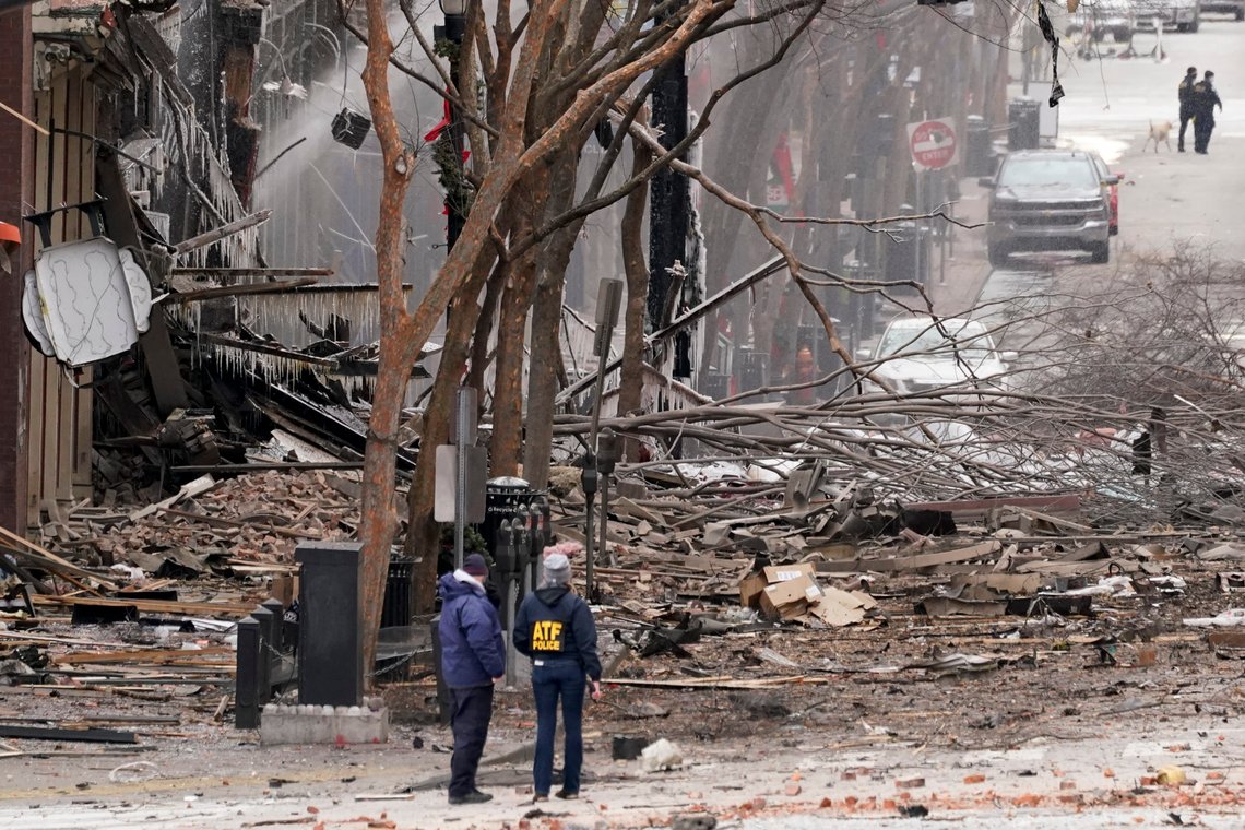 Emergency personnel work near the scene of an explosion in downtown Nashville, Tenn., Friday, Dec. 25, 2020. Buildings shook in the immediate area and beyond after a loud boom was heard early Christmas morning.(AP Photo/Mark Humphrey) Emergency personnel work near the scene of an explosion in downtown Nashville, Tenn., Friday, Dec. 25, 2020. Buildings shook in the immediate area and beyond after a loud boom was heard early Christmas morning.(AP Photo/Mark Humphrey)