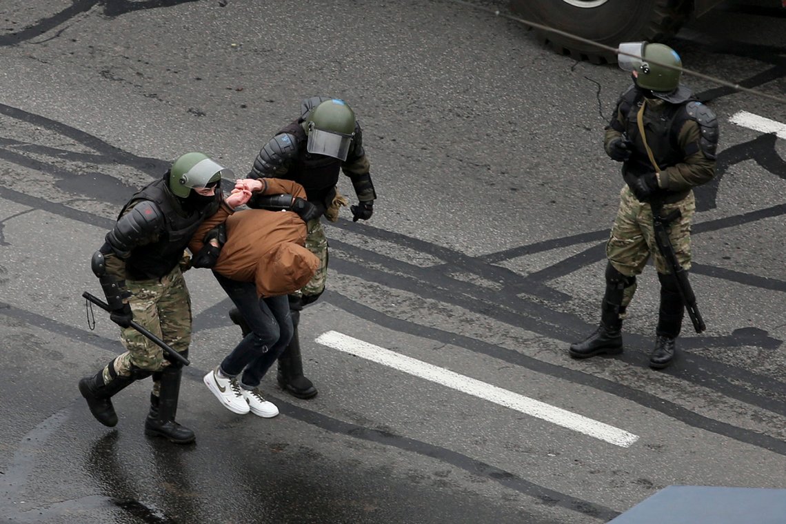 Belarusian riot police a demonstrator during an opposition rally to protest the official presidential election results in Minsk, Belarus, Sunday, Nov. 15, 2020. A Belarusian human rights group says more than 500 people have been arrested in protests around the country calling for authoritarian President Alexander Lukashenko to step down. The Sunday demonstrations continued to wave of near-daily protests that have gripped Belarus since early August. (AP Photo) Belarusian riot police a demonstrator during an opposition rally to protest the official presidential election results in Minsk, Belarus, Sunday, Nov. 15, 2020. A Belarusian human rights group says more than 500 people have been arrested in protests around the country calling for authoritarian President Alexander Lukashenko to step down. The Sunday demonstrations continued to wave of near-daily protests that have gripped Belarus since early August. (AP Photo)