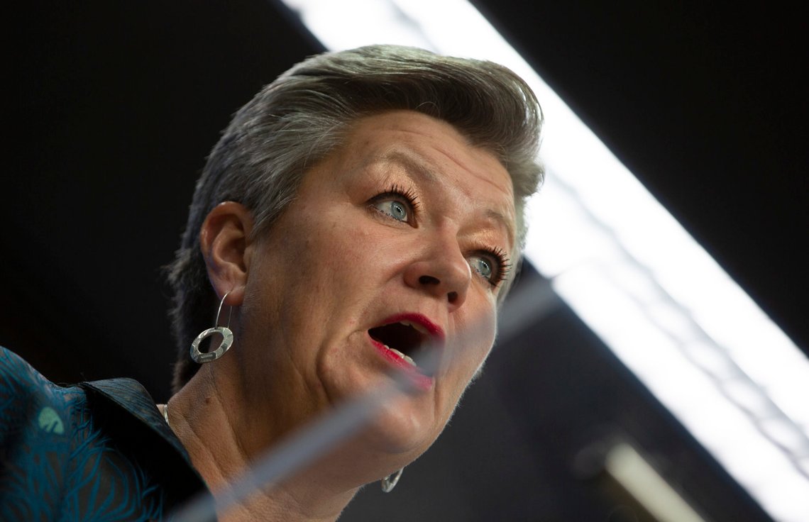 European Commissioner for Home Affairs Ylva Johansson speaks during a media conference after a meeting of EU interior ministers at the European Council building in Brussels, Friday, Nov. 13, 2020. (AP Photo/Virginia Mayo, Pool) European Commissioner for Home Affairs Ylva Johansson speaks during a media conference after a meeting of EU interior ministers at the European Council building in Brussels, Friday, Nov. 13, 2020. (AP Photo/Virginia Mayo, Pool)
