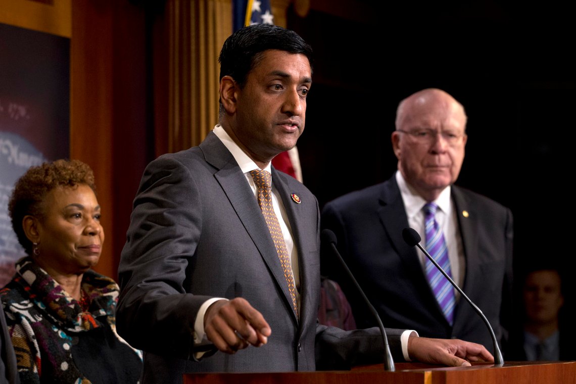 Rep. Ro Khanna, D-Calif., accompanied by Rep. Barbara Lee, D-Calif., and Sen. Patrick Leahy, D-Vt., speaks during a news conference on a measure limiting President Donald Trump's ability to take military action against Iran, on Capitol Hill, in Washington, Thursday, Jan. 9, 2020. (AP Photo/Jose Luis Magana) Rep. Ro Khanna, D-Calif., accompanied by Rep. Barbara Lee, D-Calif., and Sen. Patrick Leahy, D-Vt., speaks during a news conference on a measure limiting President Donald Trump's ability to take military action against Iran, on Capitol Hill, in Washington, Thursday, Jan. 9, 2020. (AP Photo/Jose Luis Magana)
