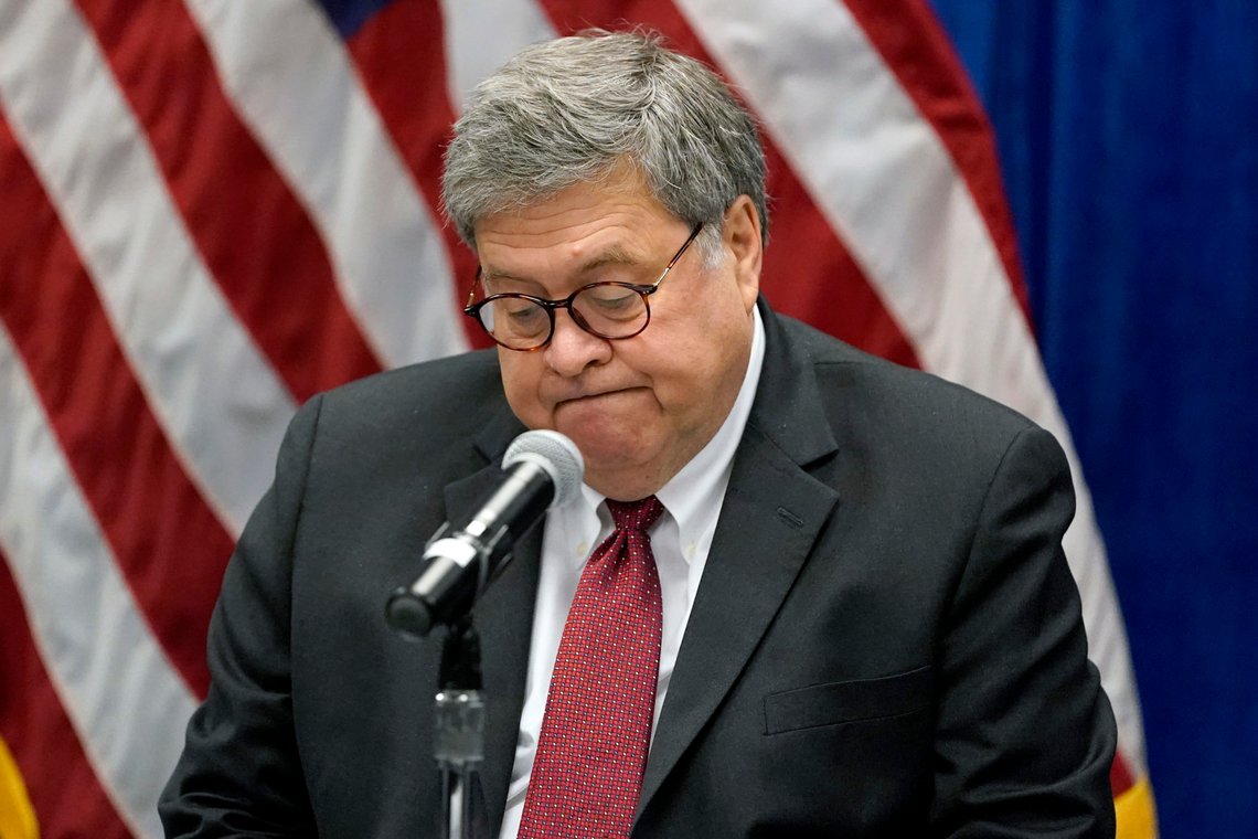 U.S. Attorney General William Barr pauses during a roundtable discussion on Operation Legend, a federal program to help cities combat violent crime, Thursday, Oct. 15, 2020, in St. Louis. (AP Photo/Jeff Roberson) U.S. Attorney General William Barr pauses during a roundtable discussion on Operation Legend, a federal program to help cities combat violent crime, Thursday, Oct. 15, 2020, in St. Louis. (AP Photo/Jeff Roberson)