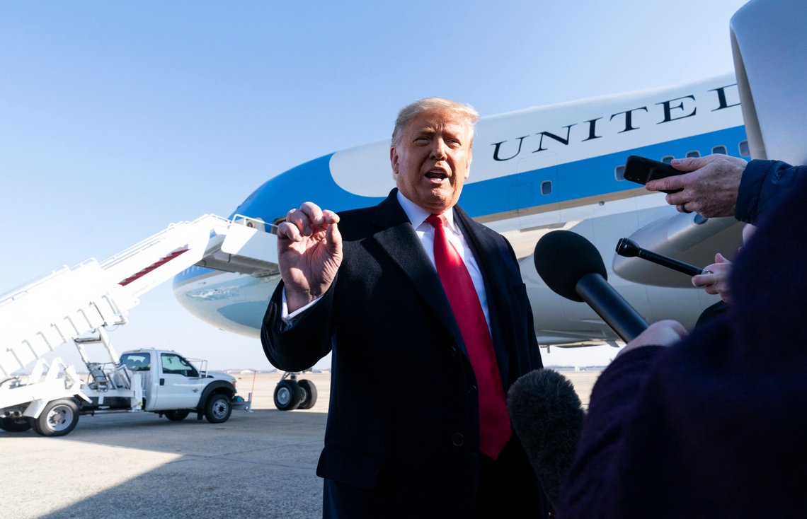 President Donald Trump speaks with reporters before boarding Air Force One upon departure, Tuesday, Jan. 12, 2021, at Andrews Air Force Base, Md. The President is traveling to Texas. (AP Photo/Alex Brandon) President Donald Trump speaks with reporters before boarding Air Force One upon departure, Tuesday, Jan. 12, 2021, at Andrews Air Force Base, Md. The President is traveling to Texas. (AP Photo/Alex Brandon)