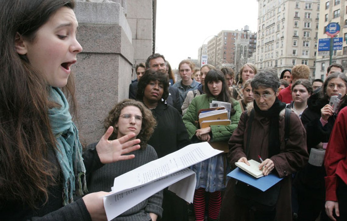 Bari Weiss, left, a sophmore at Columbia Univerity, speaks at a press conference organized by Columbians for Academic Freedom as a crowd listens outside the gates to Columbia University in New York Thursday March 31, 2005. Weiss, and Columbia University senior Ariel Beery, second from left, co-founders of Columbians for Academic Freedom, held the press conference in response to the university report stating that Columbia University's Middle Eastern studies professors did not engage in large-scale intimidation of pro-Israel students. (AP Photo/Tina Fineberg) Bari Weiss, left, a sophmore at Columbia Univerity, speaks at a press conference organized by Columbians for Academic Freedom as a crowd listens outside the gates to Columbia University in New York Thursday March 31, 2005. Weiss, and Columbia University senior Ariel Beery, second from left, co-founders of Columbians for Academic Freedom, held the press conference in response to the university report stating that Columbia University's Middle Eastern studies professors did not engage in large-scale intimidation of pro-Israel students. (AP Photo/Tina Fineberg)