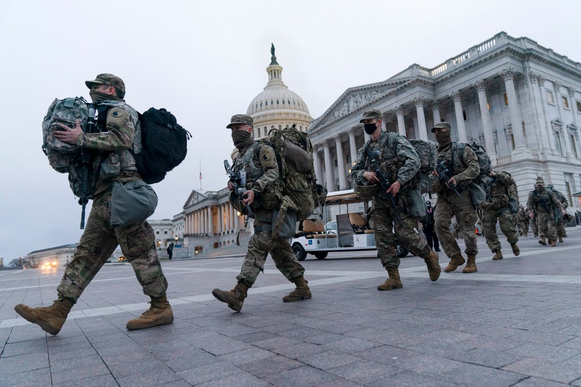 National Guard soldiers walk out of the U.S. Capitol, Saturday, Jan. 16, 2021, in Washington, as security is increased ahead of the inauguration of President-elect Joe Biden and Vice President-elect Kamala Harris. (AP Photo/Jacquelyn Martin) National Guard soldiers walk out of the U.S. Capitol, Saturday, Jan. 16, 2021, in Washington, as security is increased ahead of the inauguration of President-elect Joe Biden and Vice President-elect Kamala Harris. (AP Photo/Jacquelyn Martin)