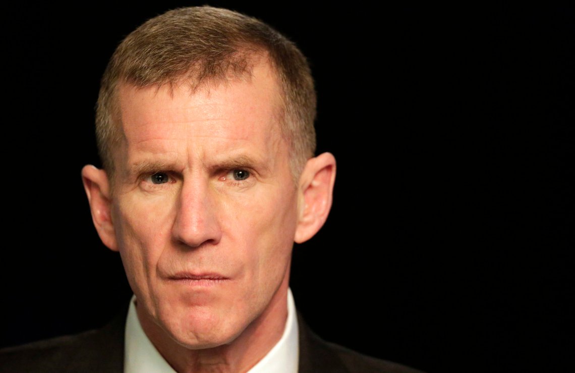 FILE- In this Jan. 7, 2013, file photo retired Gen. Stanley McChrystal reacts during an interview with The Associated Press in New York. The former top U.S. commander in Afghanistan says that withdrawing up to half the 14,000 American troops serving there reduces the incentive for the Taliban to negotiate a peace deal after more than 17 years of war. McChrystal says on ABC?Äôs ?ÄúThis Week?Äù that the U.S. has ?Äúbasically traded away the biggest leverage point we have.?Äù (AP Photo/Mark Lennihan, File) FILE- In this Jan. 7, 2013, file photo retired Gen. Stanley McChrystal reacts during an interview with The Associated Press in New York. The former top U.S. commander in Afghanistan says that withdrawing up to half the 14,000 American troops serving there reduces the incentive for the Taliban to negotiate a peace deal after more than 17 years of war. McChrystal says on ABC?Äôs ?ÄúThis Week?Äù that the U.S. has ?Äúbasically traded away the biggest leverage point we have.?Äù (AP Photo/Mark Lennihan, File)