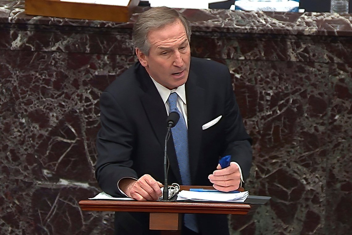 In this image from video, Michael van der Veen, an attorney for former President Donald Trump, speaks during closing arguments in the second impeachment trial of Trump in the Senate at the U.S. Capitol in Washington, Saturday, Feb. 13, 2021. (Senate Television via AP) In this image from video, Michael van der Veen, an attorney for former President Donald Trump, speaks during closing arguments in the second impeachment trial of Trump in the Senate at the U.S. Capitol in Washington, Saturday, Feb. 13, 2021. (Senate Television via AP)