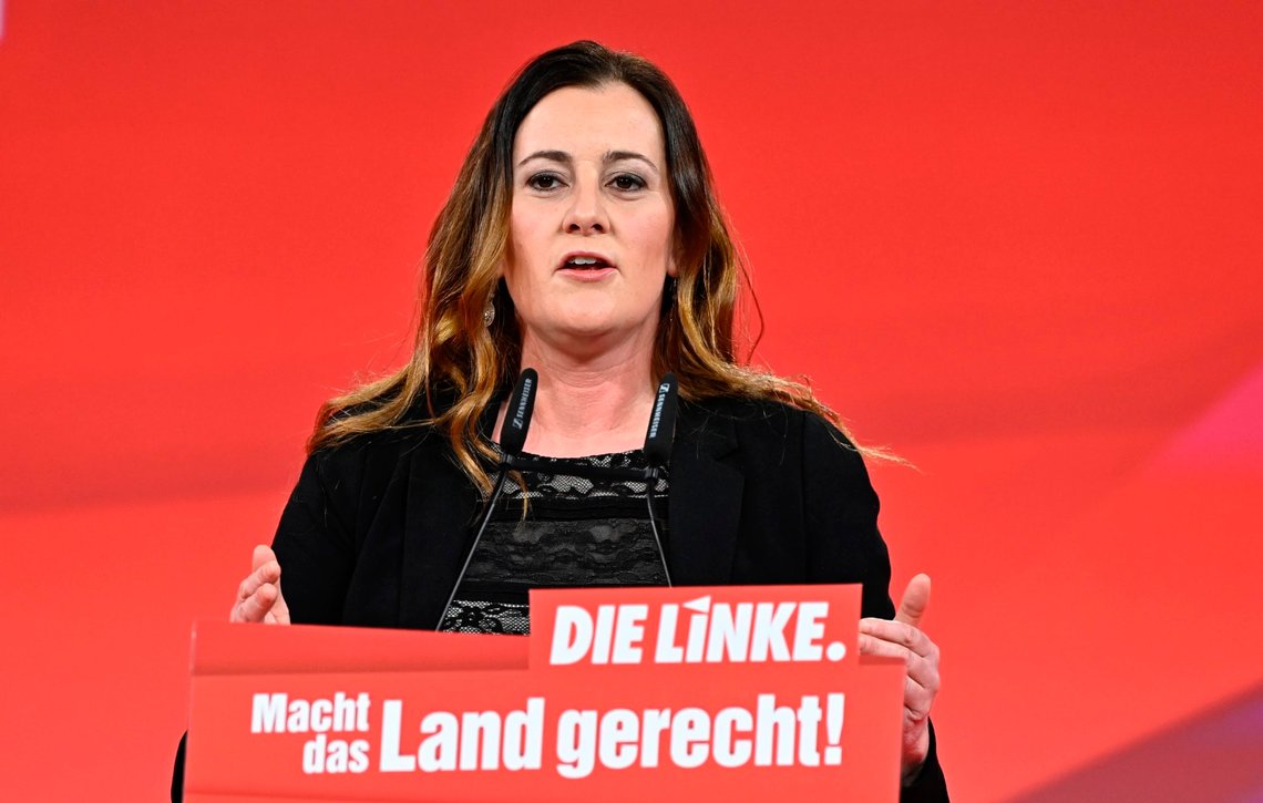 Deputy chairwoman of left wing party "Die Linke" (The Left) Janine Wissler delivers a speech on stage before being elected as new co-leader during a virtual two-day meeting in Berlin on Feb. 27, 2021. (Tobias Schwarz / Pool via AP) Deputy chairwoman of left wing party "Die Linke" (The Left) Janine Wissler delivers a speech on stage before being elected as new co-leader during a virtual two-day meeting in Berlin on Feb. 27, 2021. (Tobias Schwarz / Pool via AP)