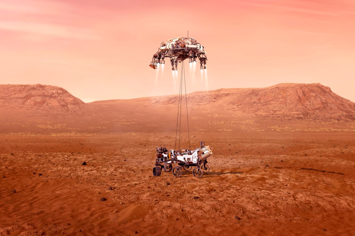 This illustration provided by NASA shows the Perseverance rover, bottom, landing on Mars. Hundreds of critical events must execute perfectly and exactly on time for the rover to land safely on Feb. 18, 2021. Entry, Descent, and Landing, or "EDL," begins when the spacecraft reaches the top of the Martian atmosphere, traveling nearly 12,500 mph (20,000 kph). EDL ends about seven minutes after atmospheric entry, with Perseverance stationary on the Martian surface. (NASA/JPL-Caltech via AP) This illustration provided by NASA shows the Perseverance rover, bottom, landing on Mars. Hundreds of critical events must execute perfectly and exactly on time for the rover to land safely on Feb. 18, 2021. Entry, Descent, and Landing, or "EDL," begins when the spacecraft reaches the top of the Martian atmosphere, traveling nearly 12,500 mph (20,000 kph). EDL ends about seven minutes after atmospheric entry, with Perseverance stationary on the Martian surface. (NASA/JPL-Caltech via AP)