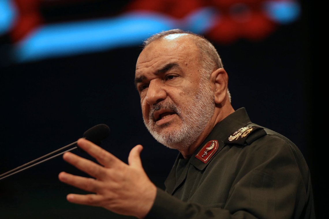 FILE - In this Nov. 22, 2018 file photo, the then-deputy commander of Iran's Revolutionary Guard Gen. Hossein Salami speaks during a conference in Tehran, Iran. Salami declared on March 5, 2020 that Iran is currently engaged in a fight against a virus which might be the product of an American biological attack. (AP Photo/Vahid Salemi, File) FILE - In this Nov. 22, 2018 file photo, the then-deputy commander of Iran's Revolutionary Guard Gen. Hossein Salami speaks during a conference in Tehran, Iran. Salami declared on March 5, 2020 that Iran is currently engaged in a fight against a virus which might be the product of an American biological attack. (AP Photo/Vahid Salemi, File)