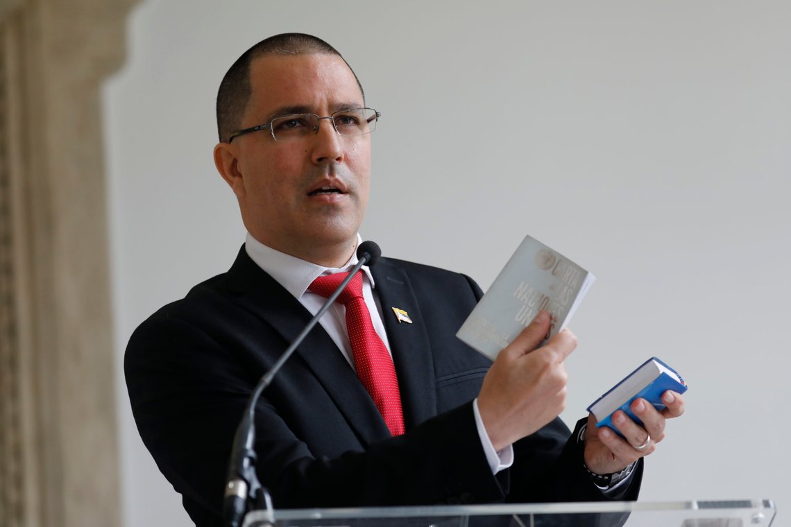 Venezuelan Foreign Minister Jorge Arreaza gives a news conference at his office moments after he met with European Union Ambassador to Venezuela Isabel Brilhante Pedrosa to give her a letter of "persona non grata," and giving her 72 hours to leave the country, in Caracas, Venezuela, Wednesday, Feb. 24, 2021. The meeting was called after the EU sanctioned an additional 19 Venezuelans for "undermining democracy and the rule of law" in Venezuela and the National Assembly declared the EU ambassador "persona non grata." (AP Photo/Ariana Cubillos) Venezuelan Foreign Minister Jorge Arreaza gives a news conference at his office moments after he met with European Union Ambassador to Venezuela Isabel Brilhante Pedrosa to give her a letter of "persona non grata," and giving her 72 hours to leave the country, in Caracas, Venezuela, Wednesday, Feb. 24, 2021. The meeting was called after the EU sanctioned an additional 19 Venezuelans for "undermining democracy and the rule of law" in Venezuela and the National Assembly declared the EU ambassador "persona non grata." (AP Photo/Ariana Cubillos)