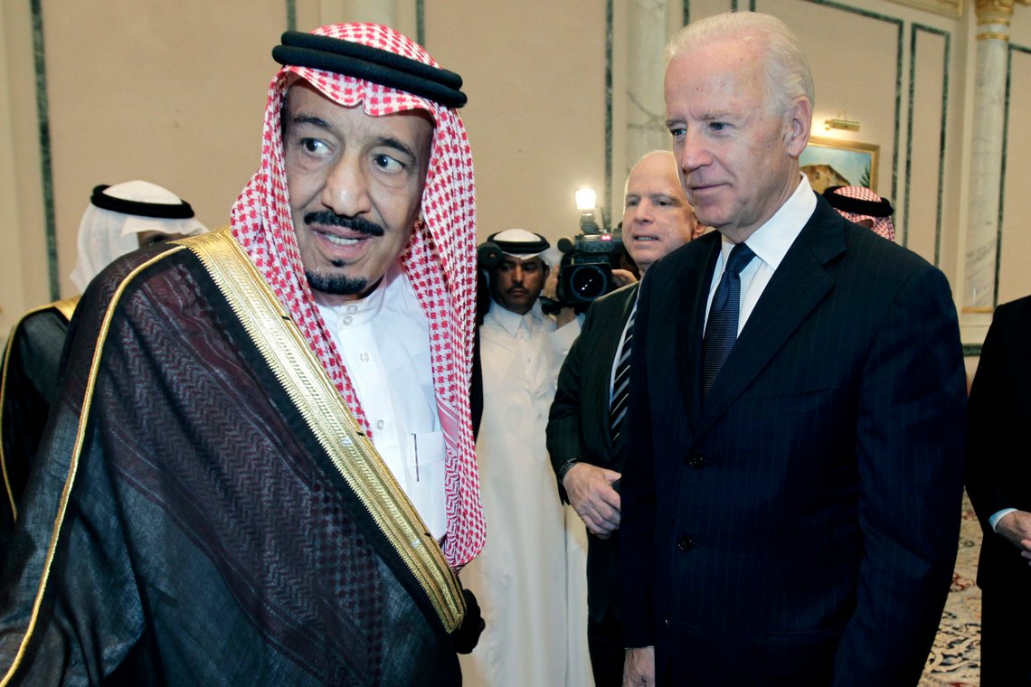 FILE - In this Oct. 27, 2011 file photo, then U.S. Vice President Joe Biden, right, offers his condolences to then Prince Salman bin Abdel-Aziz upon the death of his brother Saudi Crown Prince Sultan bin Abdul-Aziz Al Saud, at Prince Sultan palace in Riyadh, Saudi Arabia. President Joe Biden is expected to speak to Saudi King Salman for the first time in Bidens just over a month-old administration. Coming as soon as Thursday, the conversation between the two strategic partners will be overshadowed by the expected release of U.S. intelligence findings on whether the kings son approved the killing of a U.S.-based Saudi journalist. (AP Photo/Hassan Ammar) FILE - In this Oct. 27, 2011 file photo, then U.S. Vice President Joe Biden, right, offers his condolences to then Prince Salman bin Abdel-Aziz upon the death of his brother Saudi Crown Prince Sultan bin Abdul-Aziz Al Saud, at Prince Sultan palace in Riyadh, Saudi Arabia. President Joe Biden is expected to speak to Saudi King Salman for the first time in Bidens just over a month-old administration. Coming as soon as Thursday, the conversation between the two strategic partners will be overshadowed by the expected release of U.S. intelligence findings on whether the kings son approved the killing of a U.S.-based Saudi journalist. (AP Photo/Hassan Ammar)