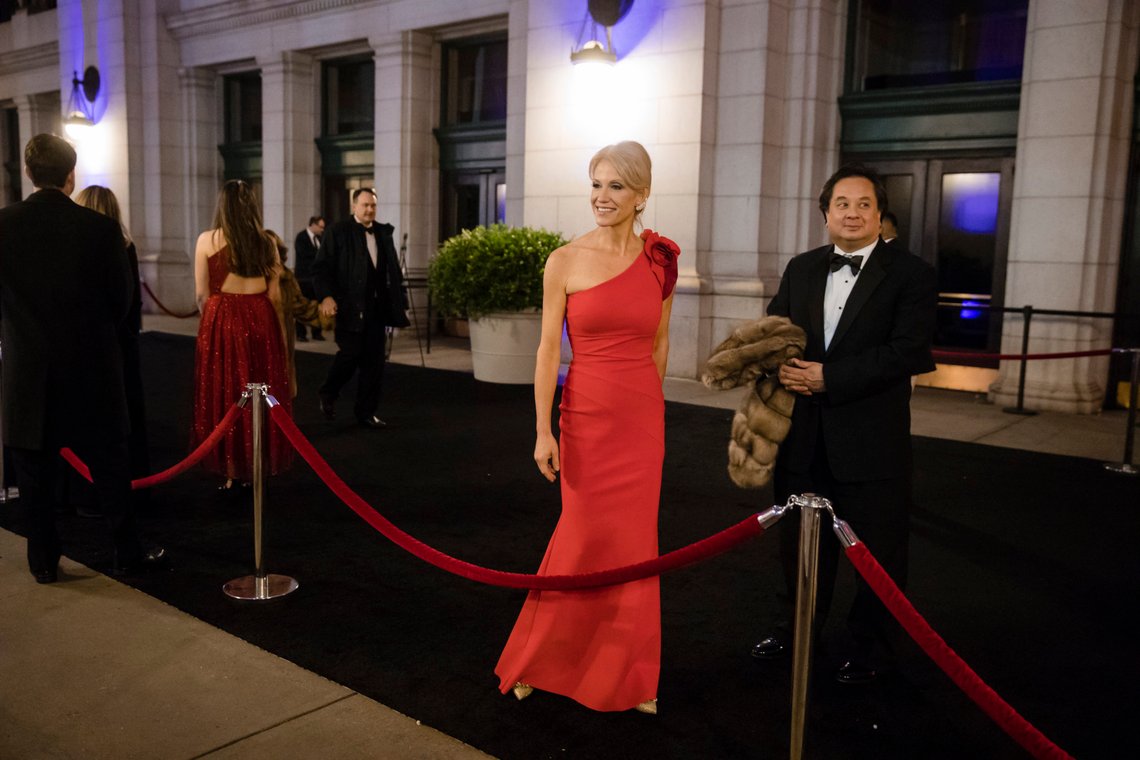 In this Thursday, Jan. 19, 2017 file photo, President-elect Donald Trump adviser Kellyanne Conway, center, accompanied by her husband, George, speaks with members of the media as they arrive for a dinner at Union Station in Washington, the day before Trump's inauguration. (AP Photo/Matt Rourke) In this Thursday, Jan. 19, 2017 file photo, President-elect Donald Trump adviser Kellyanne Conway, center, accompanied by her husband, George, speaks with members of the media as they arrive for a dinner at Union Station in Washington, the day before Trump's inauguration. (AP Photo/Matt Rourke)
