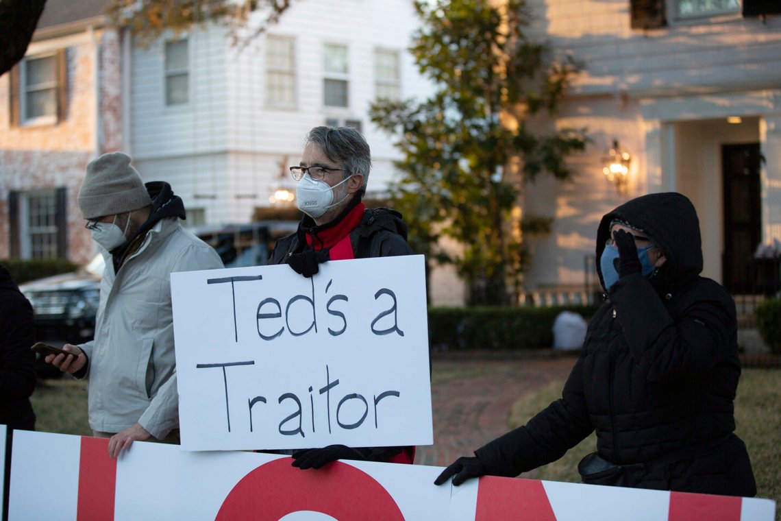 Demonstrators stand in front of U.S. Senator Ted Cruz's home demanding his resignation, Thursday, Feb. 18, 2021, in Houston. The Republican senator said his family vacation to Mexico was obviously a mistake as he returned stateside Thursday following an uproar over his disappearance during a deadly winter storm. (Marie D. De Jesús/Houston Chronicle via AP) Demonstrators stand in front of U.S. Senator Ted Cruz's home demanding his resignation, Thursday, Feb. 18, 2021, in Houston. The Republican senator said his family vacation to Mexico was obviously a mistake as he returned stateside Thursday following an uproar over his disappearance during a deadly winter storm. (Marie D. De Jesús/Houston Chronicle via AP)
