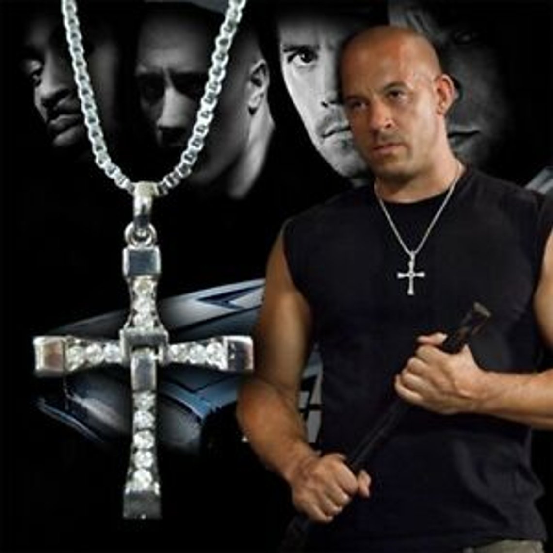 Vin Diesel i reklamekampanje for smykker med det kristne korset. Illustrasjonsbilde, skjermdump. Vin Diesel i reklamekampanje for smykker med det kristne korset. Illustrasjonsbilde, skjermdump.
