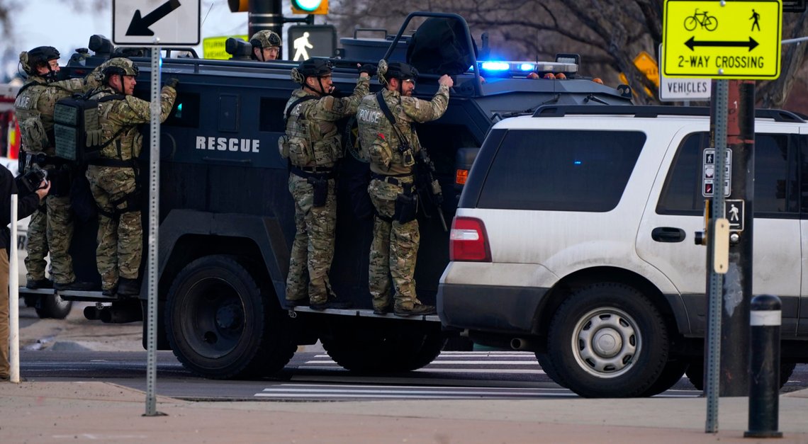 Police work on the scene outside of a King Soopers grocery store where a shooting took place Monday, March 22, 2021, in Boulder, Colo. (AP Photo/Joe Mahoney) Police work on the scene outside of a King Soopers grocery store where a shooting took place Monday, March 22, 2021, in Boulder, Colo. (AP Photo/Joe Mahoney)