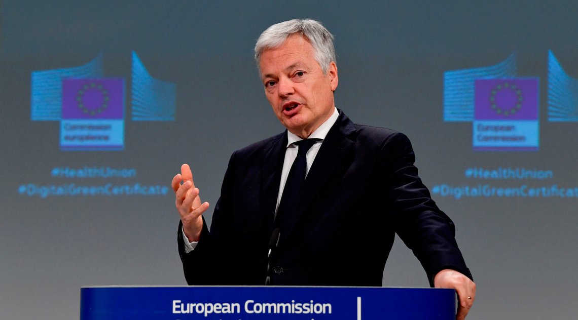 European Commissioner for Justice Didier Reynders speaks during a media conference on the Commissions response to COVID-19 at EU headquarters in Brussels, Wednesday, March 17, 2021. The European Commission is proposing Wednesday to create a Digital Green Certificate to facilitate safe free movement inside the EU during the COVID-19 pandemic. (John Thys, Pool via AP) European Commissioner for Justice Didier Reynders speaks during a media conference on the Commissions response to COVID-19 at EU headquarters in Brussels, Wednesday, March 17, 2021. The European Commission is proposing Wednesday to create a Digital Green Certificate to facilitate safe free movement inside the EU during the COVID-19 pandemic. (John Thys, Pool via AP)
