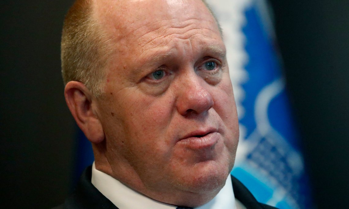 In this Thursday, April 26, 2018 photo, U.S. Immigration and Customs Enforcement acting director Thomas Homan speaks during an interview in East Point, Ga. President Donald Trump's pick to lead U.S. Immigration and Customs Enforcement has taken himself out of the running less than six months after he was nominated, saying Monday, April 30 that he will retire this summer to focus more on family. (AP Photo/John Bazemore) In this Thursday, April 26, 2018 photo, U.S. Immigration and Customs Enforcement acting director Thomas Homan speaks during an interview in East Point, Ga. President Donald Trump's pick to lead U.S. Immigration and Customs Enforcement has taken himself out of the running less than six months after he was nominated, saying Monday, April 30 that he will retire this summer to focus more on family. (AP Photo/John Bazemore)