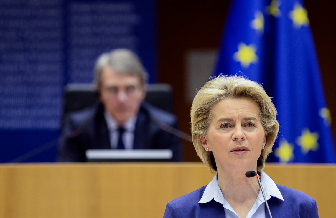 European Commission President Ursula von der Leyen addresses European lawmakers during the signing ceremony to officially launch the Conference of the Future of Europe at the European Parliament in Brussels, Wednesday, March 10, 2021. (Johanna Geron, Pool Photo via AP) European Commission President Ursula von der Leyen addresses European lawmakers during the signing ceremony to officially launch the Conference of the Future of Europe at the European Parliament in Brussels, Wednesday, March 10, 2021. (Johanna Geron, Pool Photo via AP)