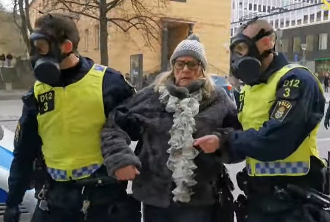 Inga-Britt protesterte mot koronatiltakene og viftet med et svensk flagg. Dette førte til at hun ble pågrepet av politi iført gassmasker. Skjermdump YouTube Inga-Britt protesterte mot koronatiltakene og viftet med et svensk flagg. Dette førte til at hun ble pågrepet av politi iført gassmasker. Skjermdump YouTube