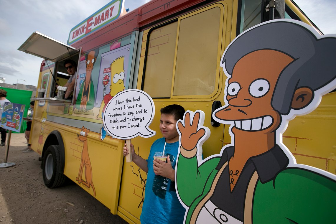 FILE - In this March 15, 2015, file photo, an Apu cutout is displayed at a Simpsons Kwik-E-Mart Truck in Austin, Texas. Comedian Hari Kondabolu released a film, ?ÄúThe Problem With Apu,?Äù documenting stereotypes he saw with the character and its effect on South Asian entertainers. (Deborah Cannon/Austin American-Statesman via AP, File) FILE - In this March 15, 2015, file photo, an Apu cutout is displayed at a Simpsons Kwik-E-Mart Truck in Austin, Texas. Comedian Hari Kondabolu released a film, ?ÄúThe Problem With Apu,?Äù documenting stereotypes he saw with the character and its effect on South Asian entertainers. (Deborah Cannon/Austin American-Statesman via AP, File)