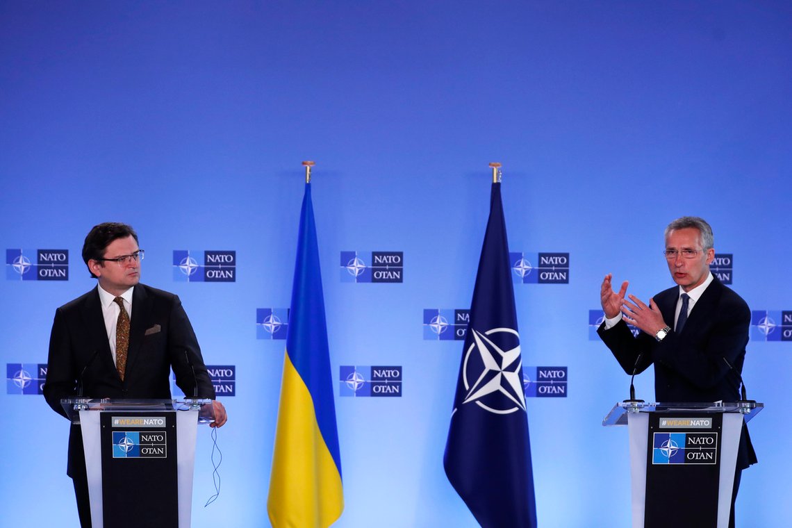 NATO Secretary General Jens Stoltenberg, right, and Ukraine's Foreign Minister Dmytro Kuleba participate in a media conference at NATO headquarters in Brussels, Tuesday, April 13, 2021. NATO Secretary General Jens Stoltenberg and Ukrainian Foreign Minister Dmytro Kuleba met Tuesday to discuss Russia's troop buildup troops along the frontier with Ukraine. (AP Photo/Francisco Seco, Pool) NATO Secretary General Jens Stoltenberg, right, and Ukraine's Foreign Minister Dmytro Kuleba participate in a media conference at NATO headquarters in Brussels, Tuesday, April 13, 2021. NATO Secretary General Jens Stoltenberg and Ukrainian Foreign Minister Dmytro Kuleba met Tuesday to discuss Russia's troop buildup troops along the frontier with Ukraine. (AP Photo/Francisco Seco, Pool)