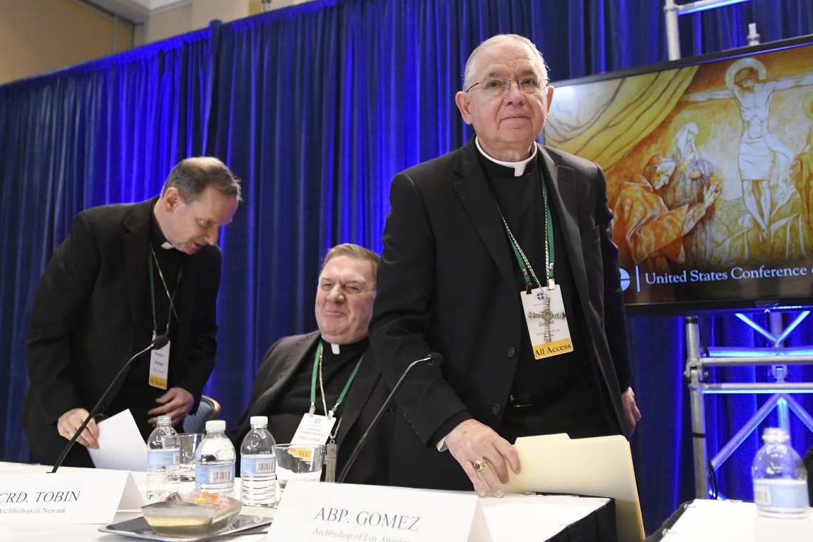 FILE - In this Tuesday, Nov. 12, 2019, file photo, Archbishop Jose H. Gomez, right, of Los Angeles, with Bishop Michael F. Burbidge, left, of Arlington, Va., and Cardinal Joseph William Tobin, of Newark, N.J., exits a news conference after being elected president of the United States Conference of Catholic Bishops during their Fall General Assembly in Baltimore. On Tuesday, Nov. 17, 2020, Gomez addressed an online national meeting of bishops. During the previous week, Gomez congratulated Joe Biden on his presidential election victory. Now, Gomez is sounding a different tone, saying some of Bidens policy positions, including support for abortion rights, pose a difficult and complex situation for the church. (AP Photo/Steve Ruark, File) FILE - In this Tuesday, Nov. 12, 2019, file photo, Archbishop Jose H. Gomez, right, of Los Angeles, with Bishop Michael F. Burbidge, left, of Arlington, Va., and Cardinal Joseph William Tobin, of Newark, N.J., exits a news conference after being elected president of the United States Conference of Catholic Bishops during their Fall General Assembly in Baltimore. On Tuesday, Nov. 17, 2020, Gomez addressed an online national meeting of bishops. During the previous week, Gomez congratulated Joe Biden on his presidential election victory. Now, Gomez is sounding a different tone, saying some of Bidens policy positions, including support for abortion rights, pose a difficult and complex situation for the church. (AP Photo/Steve Ruark, File)