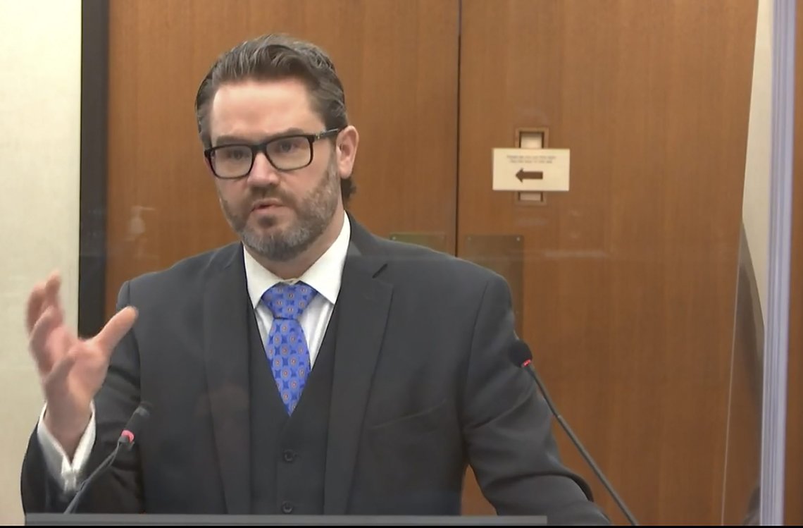 In this image from video, defense attorney Eric Nelson questions Dr. David Fowler as Hennepin County Judge Peter Cahill presides, Wednesday, April 14, 2021, in the trial of former Minneapolis police Officer Derek Chauvin at the Hennepin County Courthouse in Minneapolis, Minn. Chauvin is charged in the May 25, 2020 death of George Floyd. (Court TV via AP, Pool) In this image from video, defense attorney Eric Nelson questions Dr. David Fowler as Hennepin County Judge Peter Cahill presides, Wednesday, April 14, 2021, in the trial of former Minneapolis police Officer Derek Chauvin at the Hennepin County Courthouse in Minneapolis, Minn. Chauvin is charged in the May 25, 2020 death of George Floyd. (Court TV via AP, Pool)