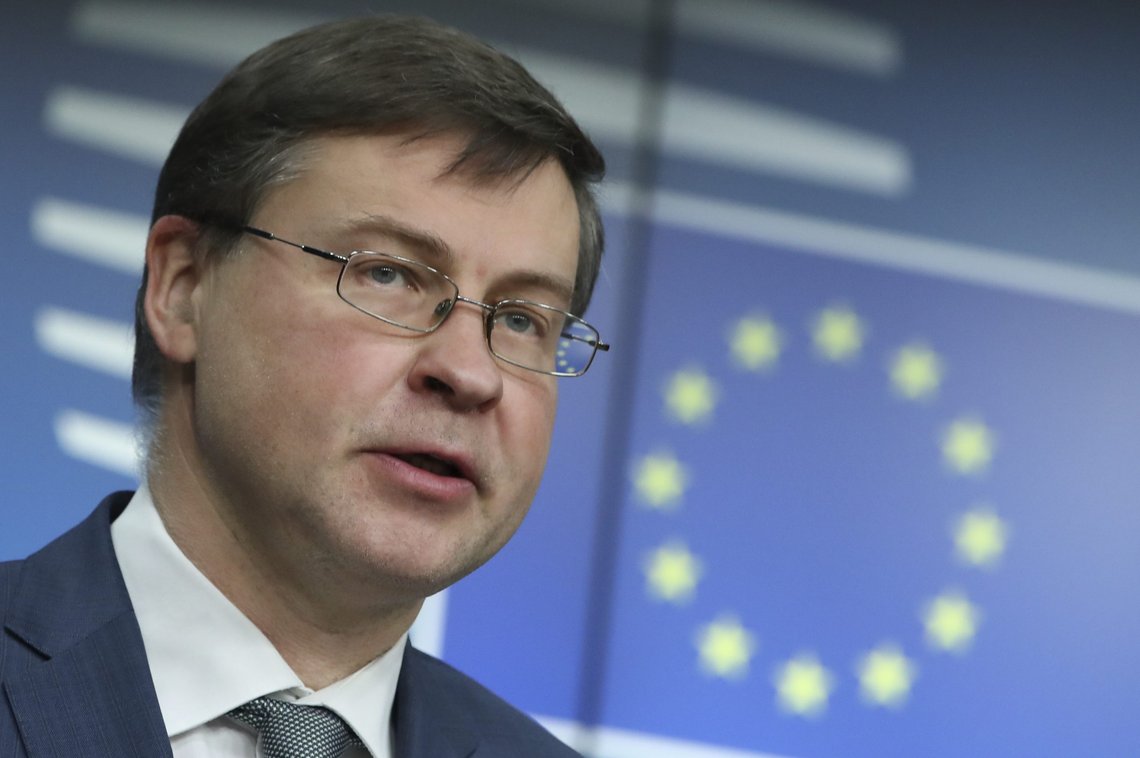 European Commissioner for An Economy that Works for the People Valdis Dombrovskis speaks during a news conference following an EU Economy and Finance Ministers online meeting at the European Council headquarters in Brussels, Tuesday, March 16, 2021. (Yves Herman/Pool Photo via AP) European Commissioner for An Economy that Works for the People Valdis Dombrovskis speaks during a news conference following an EU Economy and Finance Ministers online meeting at the European Council headquarters in Brussels, Tuesday, March 16, 2021. (Yves Herman/Pool Photo via AP)