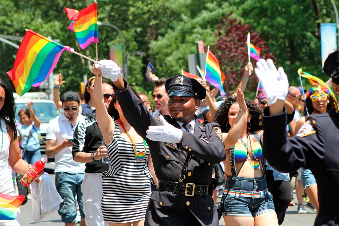 FILE - In this Sunday, June 29, 2014 file photo, NYPD police officers march along Fifth Avenue during the gay pride parade in New York. Organizers of New York Citys Pride events said Saturday, May 15, 2021 they are banning police and other law enforcement from marching in their huge annual parade until at least 2025 and will also seek to keep on-duty officers a block away from the celebration of LGBTQ people and history. (AP Photo/Julia Weeks, File) FILE - In this Sunday, June 29, 2014 file photo, NYPD police officers march along Fifth Avenue during the gay pride parade in New York. Organizers of New York Citys Pride events said Saturday, May 15, 2021 they are banning police and other law enforcement from marching in their huge annual parade until at least 2025 and will also seek to keep on-duty officers a block away from the celebration of LGBTQ people and history. (AP Photo/Julia Weeks, File)