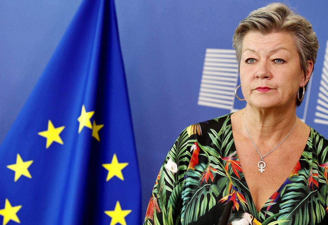 European Commissioner for Home Affairs Ylva Johansson waits for the start of a media conference with United Nations High Commissioner for Refugees Filippo Grandi at EU headquarters in Brussels, Monday, May 10, 2021. (Olivier Matthys, Pool via AP) European Commissioner for Home Affairs Ylva Johansson waits for the start of a media conference with United Nations High Commissioner for Refugees Filippo Grandi at EU headquarters in Brussels, Monday, May 10, 2021. (Olivier Matthys, Pool via AP)