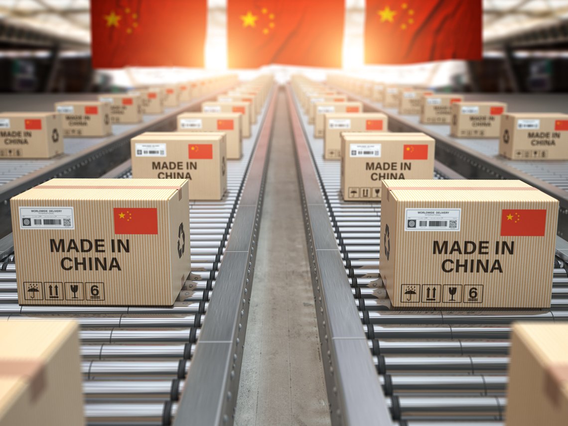 Made in China. Cardboard boxes with text made in China and chinese flag on the roller conveyor. 3d illustration Made in China. Cardboard boxes with text made in China and chinese flag on the roller conveyor. 3d illustration