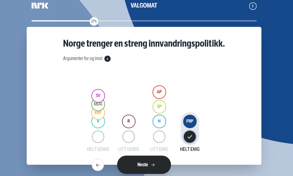 Skjermdump av NRKs valgomat. Skjermdump av NRKs valgomat.