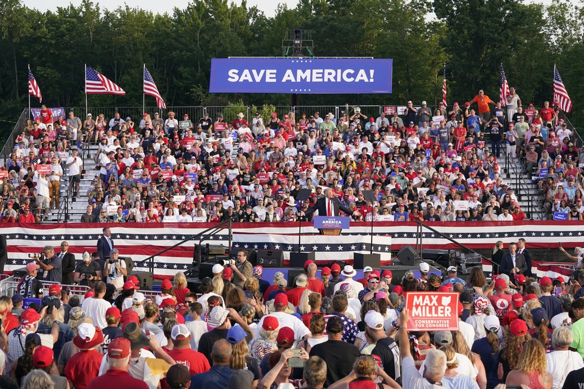 Former President Donald Trump speaks at a rally at the Lorain County Fairgrounds, Saturday, June 26, 2021, in Wellington, Ohio. (AP Photo/Tony Dejak) Former President Donald Trump speaks at a rally at the Lorain County Fairgrounds, Saturday, June 26, 2021, in Wellington, Ohio. (AP Photo/Tony Dejak)