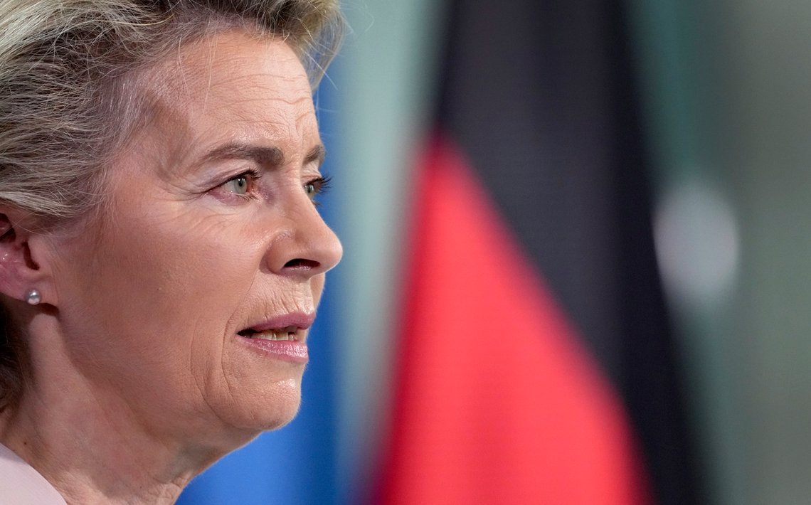 Ursula von der Leyen, President of the European Commission, addresses the media during a joint press conference with German Chancellor Angela Merkel after a meeting in Berlin, Germany, Tuesday, June 22, 2021. (AP Photo/Michael Sohn, Pool) Ursula von der Leyen, President of the European Commission, addresses the media during a joint press conference with German Chancellor Angela Merkel after a meeting in Berlin, Germany, Tuesday, June 22, 2021. (AP Photo/Michael Sohn, Pool)