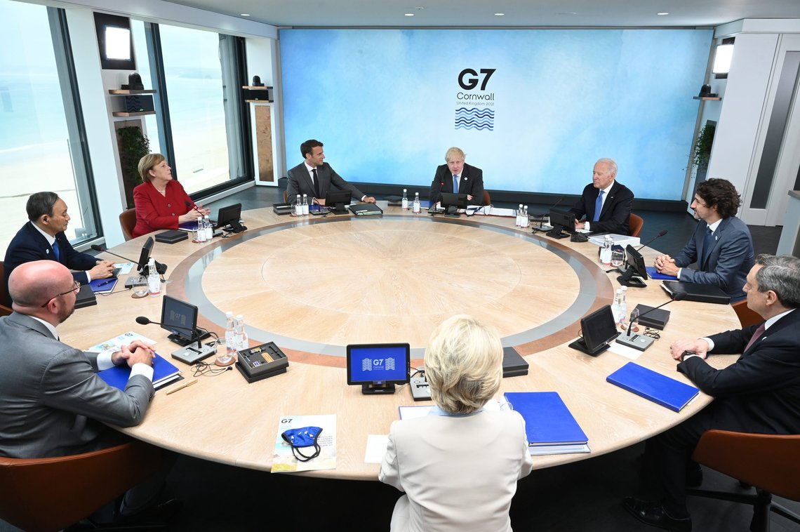 Lederne for verdens mektigste industrinasjoner er denne helgen samlet til toppmøte i Cornwall på den engelske sørkysten. Foto: Leon Neal, AP-NTB. Lederne for verdens mektigste industrinasjoner er denne helgen samlet til toppmøte i Cornwall på den engelske sørkysten. Foto: Leon Neal, AP-NTB.