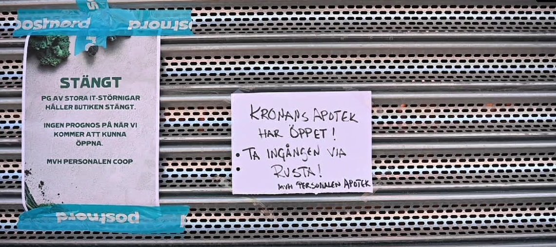 Stengte butikker i Sverige etter hacking-operasjonen som rammet flere land. Skjermdump: Aftonbladet Stengte butikker i Sverige etter hacking-operasjonen som rammet flere land. Skjermdump: Aftonbladet