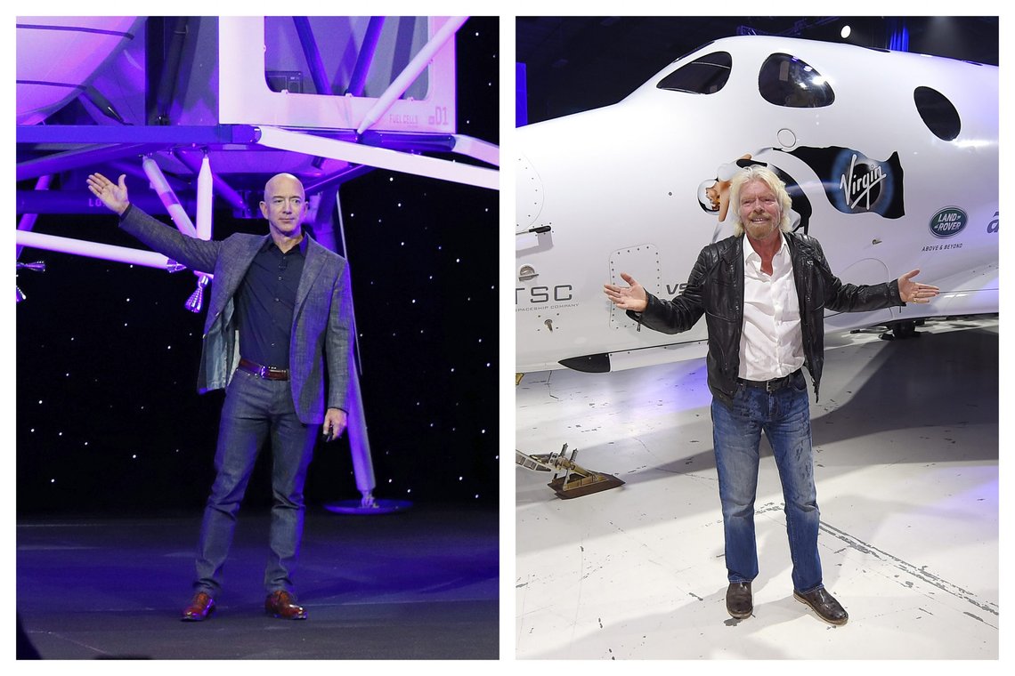 Jeff Bezos (til venstre) vil fly til verdensrommet 20. juli, på dagen 52 år etter den første månelandingen. Richard Branson satser på å slå Bezos med ti dager og sikter mot stjernene allerede på søndag. Foto: Patrick Semansky og Mark J. Terrill / AP / NTB Jeff Bezos (til venstre) vil fly til verdensrommet 20. juli, på dagen 52 år etter den første månelandingen. Richard Branson satser på å slå Bezos med ti dager og sikter mot stjernene allerede på søndag. Foto: Patrick Semansky og Mark J. Terrill / AP / NTB