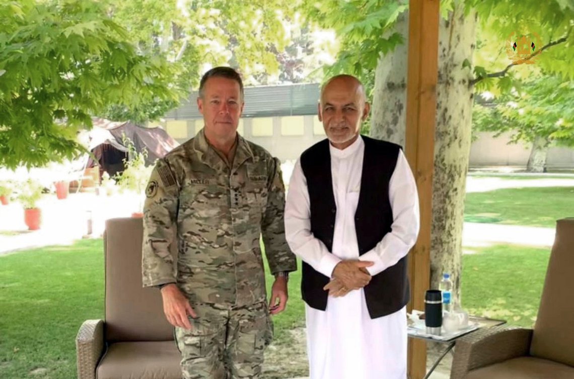 U.S. Army Gen. Austin Miller, the U.S.'s top general in Afghanistan, meets Afghan President Ashraf Ghani at the presidential palace in Kabul, Afghanistan, Friday July 2, 2021. After nearly 20 years, the U.S. military left Bagram Airfield, the epicenter of its war to oust the Taliban and hunt down the al-Qaida perpetrators of the 9/11 terrorist attacks on America, two U.S. officials said Friday. (Presidential Palace via AP) U.S. Army Gen. Austin Miller, the U.S.'s top general in Afghanistan, meets Afghan President Ashraf Ghani at the presidential palace in Kabul, Afghanistan, Friday July 2, 2021. After nearly 20 years, the U.S. military left Bagram Airfield, the epicenter of its war to oust the Taliban and hunt down the al-Qaida perpetrators of the 9/11 terrorist attacks on America, two U.S. officials said Friday. (Presidential Palace via AP)