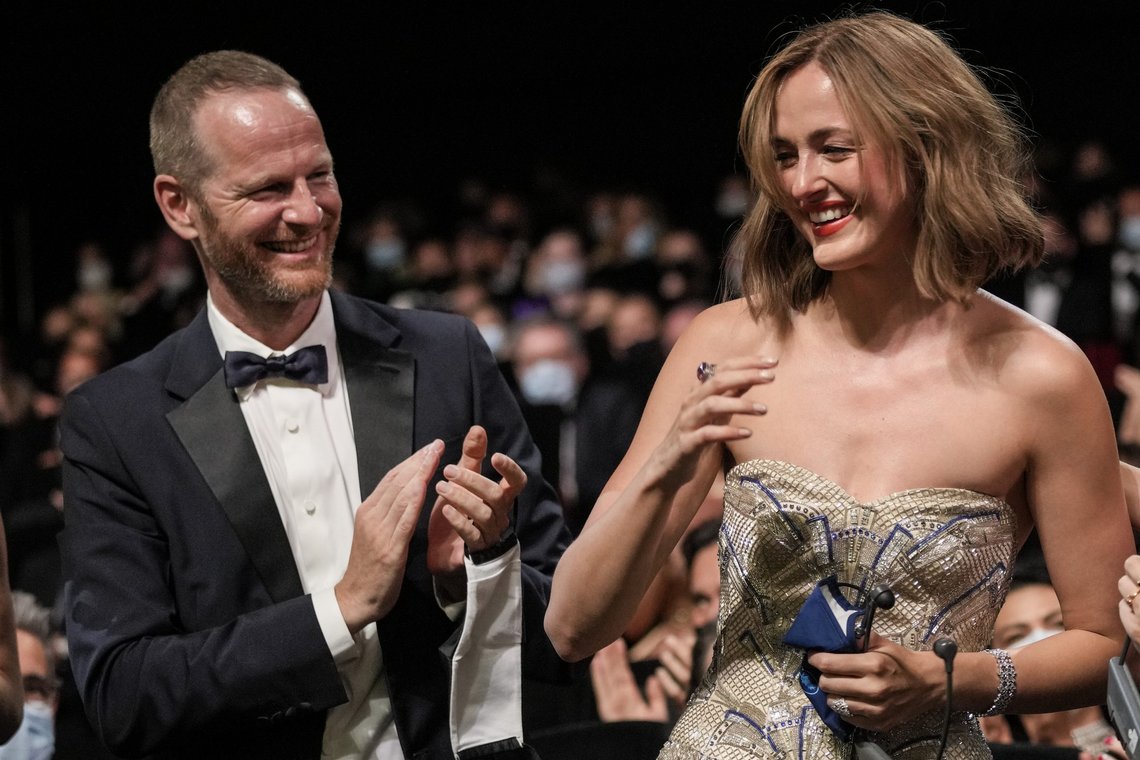 Joachim Trier, left, and Renate Reinsve, winner of the award for best actress for the film 'The Worst Person in The World' appear in the audience during the awards ceremony at the 74th international film festival, Cannes, southern France, Saturday, July 17, 2021. (AP Photo/Vadim Ghirda) Joachim Trier, left, and Renate Reinsve, winner of the award for best actress for the film 'The Worst Person in The World' appear in the audience during the awards ceremony at the 74th international film festival, Cannes, southern France, Saturday, July 17, 2021. (AP Photo/Vadim Ghirda)
