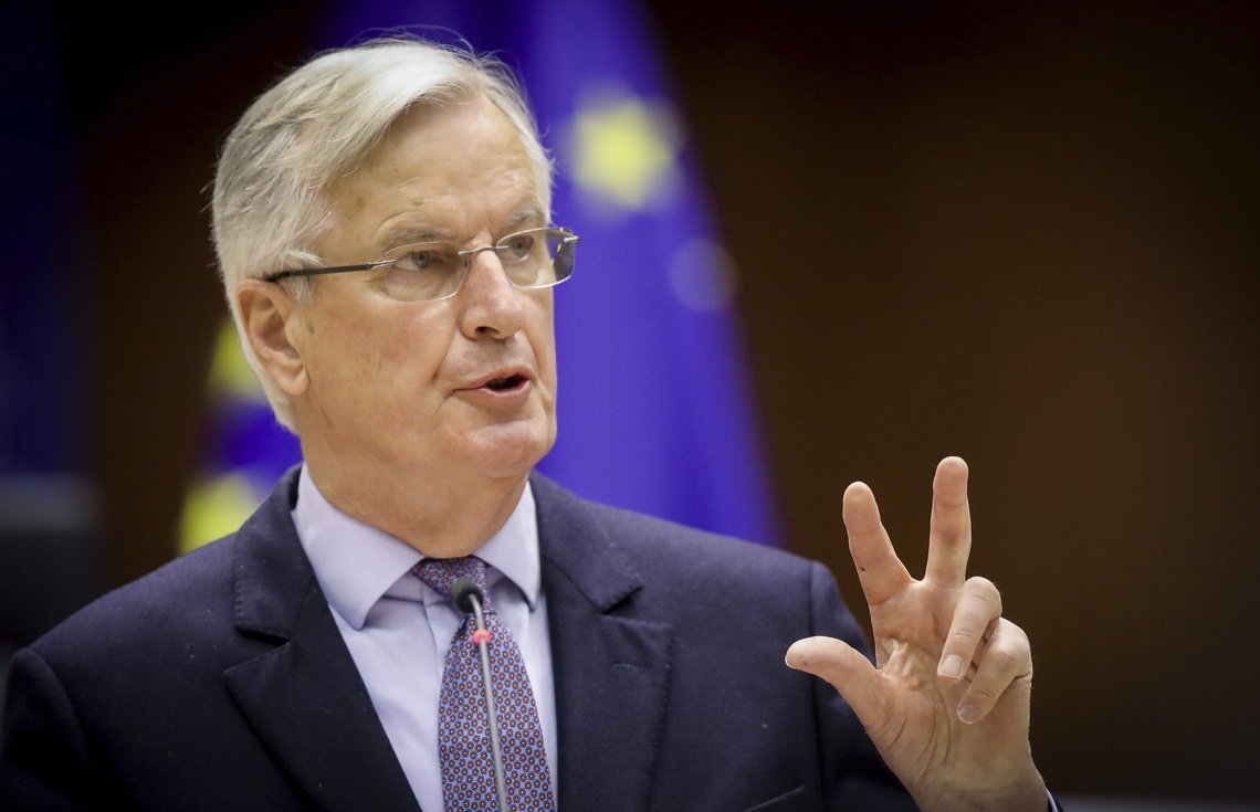 Head of the Task Force for Relations with the UK Michel Barnier speaks during a debate on the EU-UK trade and cooperation agreement during the second day of a plenary session at the European Parliament in Brussels, Tuesday, April 27, 2021. (Olivier Hoslet, Pool via AP) Head of the Task Force for Relations with the UK Michel Barnier speaks during a debate on the EU-UK trade and cooperation agreement during the second day of a plenary session at the European Parliament in Brussels, Tuesday, April 27, 2021. (Olivier Hoslet, Pool via AP)