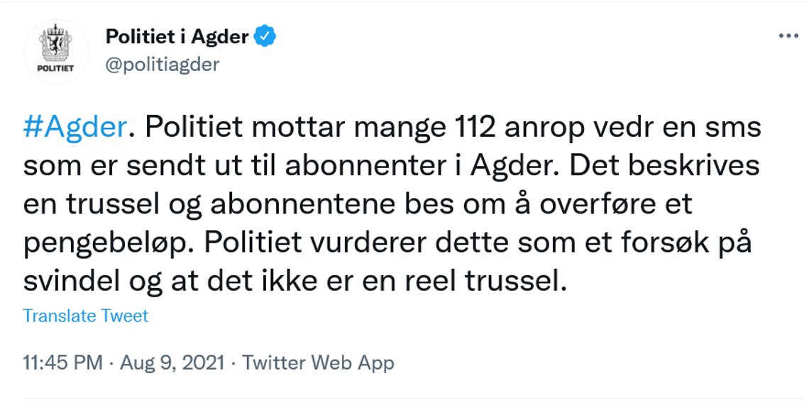 Skjermbilde av twittermelding fra politiet i Agder. Skjermbilde av twittermelding fra politiet i Agder.