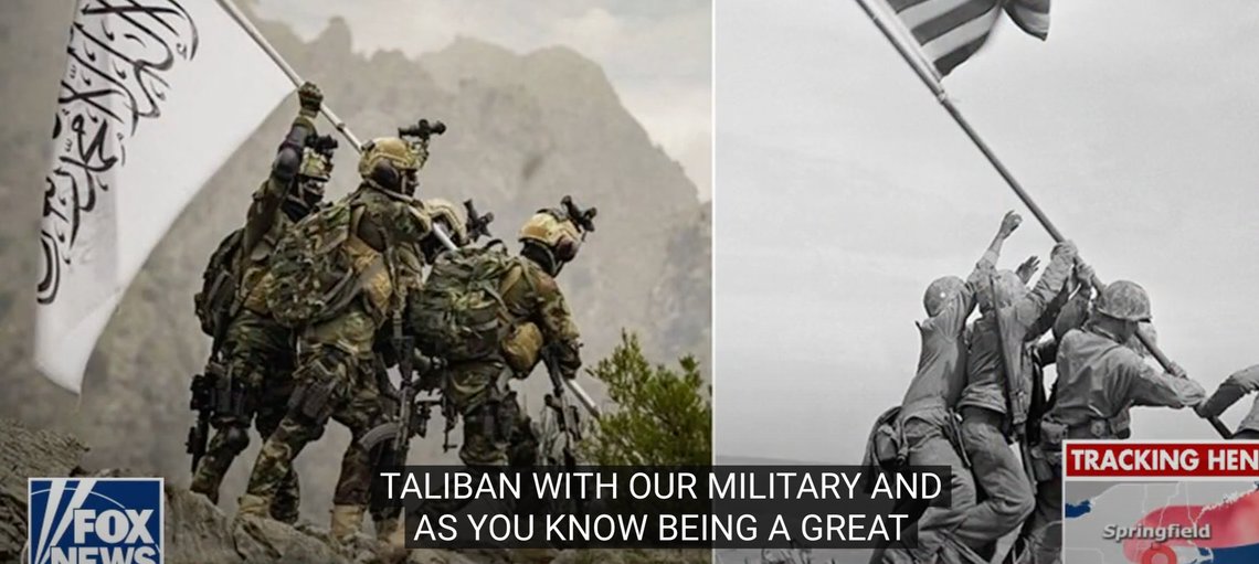 Taliban er ikke lenger huleboere. Dette er en ganske sofistikert hån av et amerikansk ikon: Heisingen av flagget på Iwo Jima under annen verdenskrig. Taliban er ikke lenger huleboere. Dette er en ganske sofistikert hån av et amerikansk ikon: Heisingen av flagget på Iwo Jima under annen verdenskrig.