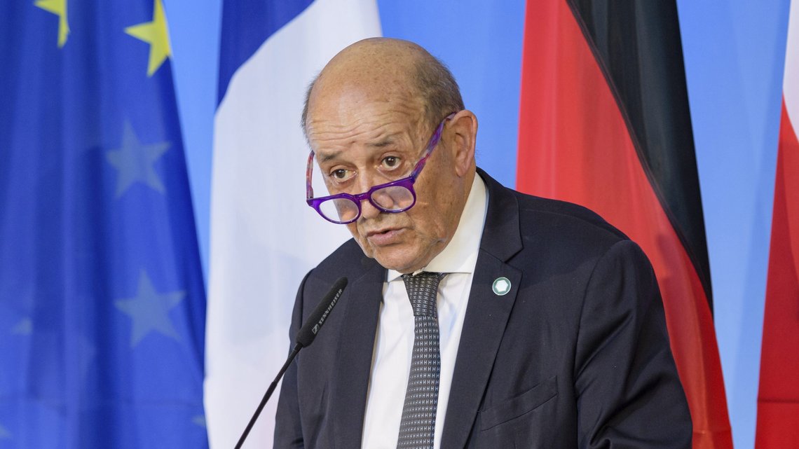 French Foreign Minister Jean-Yves Le Drian speaks during joint press conference on the sidelines of a meeting with his German and Polish counterparts to mark the 30th anniversary of the 'Weimar Triangle' in Weimar, Germany, Friday, Sept. 10, 2021. (Jens Schlueter/Pool Photo via AP) French Foreign Minister Jean-Yves Le Drian speaks during joint press conference on the sidelines of a meeting with his German and Polish counterparts to mark the 30th anniversary of the 'Weimar Triangle' in Weimar, Germany, Friday, Sept. 10, 2021. (Jens Schlueter/Pool Photo via AP)