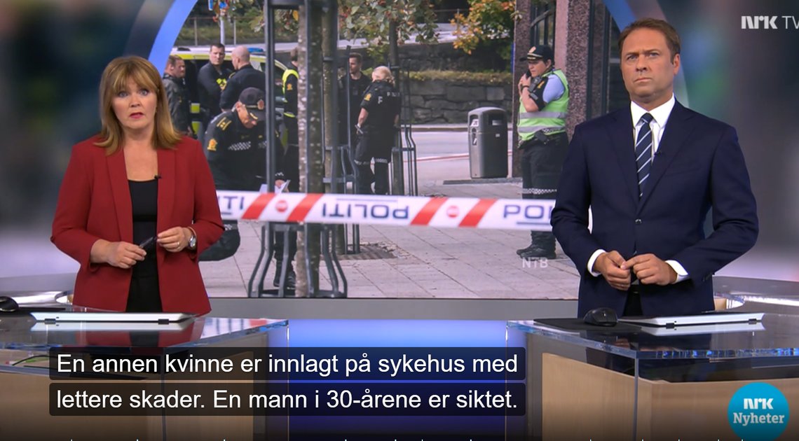Det var "en mann i 30-årene" som drepte den Nav-ansatte kvinnen, ifølge NRK Dagsrevyen, her ved Ingvild Bryn og Tom Nilssen. Skjermdump, NRK. Det var "en mann i 30-årene" som drepte den Nav-ansatte kvinnen, ifølge NRK Dagsrevyen, her ved Ingvild Bryn og Tom Nilssen. Skjermdump, NRK.