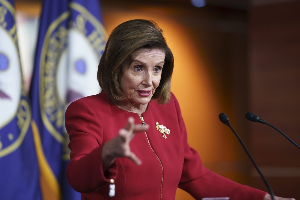 FILE - In this Sept. 8, 2021, file photo speaker of the House Nancy Pelosi, D-Calif., meets with reporters to discuss President Joe Biden's domestic agenda including passing a bipartisan infrastructure bill and pushing through a Democrats-only expansion of the social safety net, the at the Capitol in Washington. (AP Photo/J. Scott Applewhite, File) FILE - In this Sept. 8, 2021, file photo speaker of the House Nancy Pelosi, D-Calif., meets with reporters to discuss President Joe Biden's domestic agenda including passing a bipartisan infrastructure bill and pushing through a Democrats-only expansion of the social safety net, the at the Capitol in Washington. (AP Photo/J. Scott Applewhite, File)