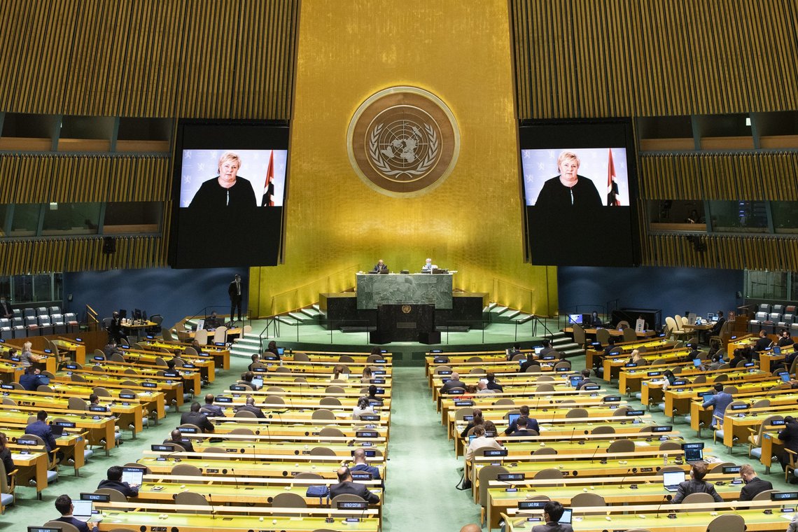 Norway's Prime Minister Erna Solberg remotely addresses the 76th session of the United Nations General Assembly in a pre-recorded message Wednesday, Sept. 22, 2021, at U.N. headquarters. (Eduardo Munoz/Pool Photo via AP) Norway's Prime Minister Erna Solberg remotely addresses the 76th session of the United Nations General Assembly in a pre-recorded message Wednesday, Sept. 22, 2021, at U.N. headquarters. (Eduardo Munoz/Pool Photo via AP)
